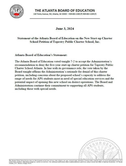 Atlanta BOE Statement on Tapestry Public Charter School, Inc. Petition